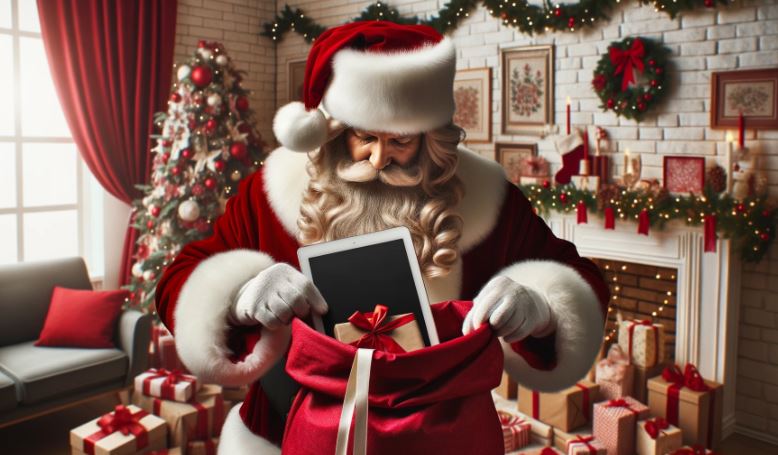 Santa Wrapping a Tablet for Christmas