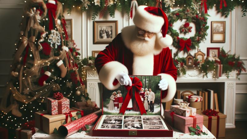 Photo of Santa Claus, in his timeless red attire, placing a bow on a wrapped family photo album. The backdrop showcases a room with walls adorned in holiday designs, garlands, and a table laden with wrapping paper rolls and tags.