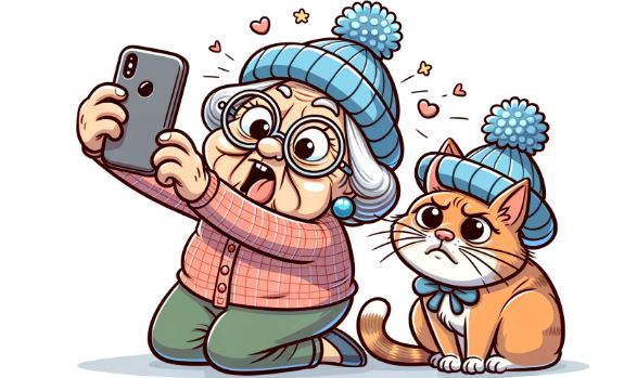 Cartoon image of a senior and a cat taking a selfie.