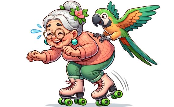 Comic Illustration of  funny senior joke grandma on roller skates