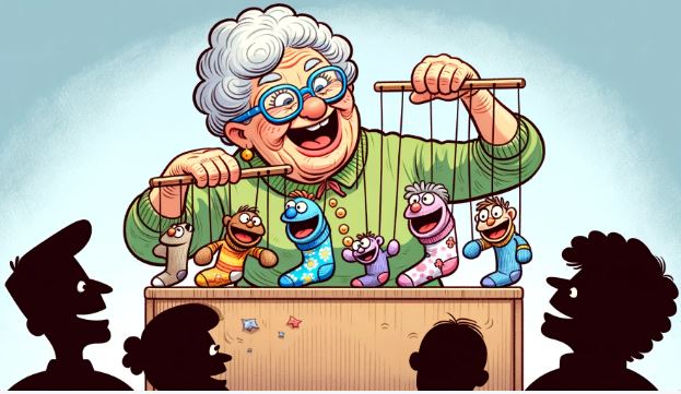 Comic image of a grandma with sock puppets