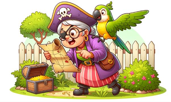 Funny comic of a senior dressed as a pirate looking at a map