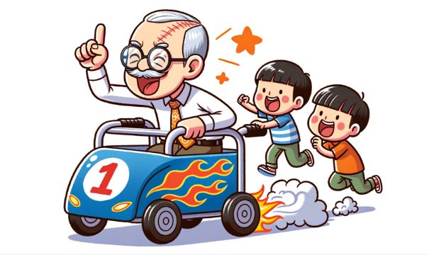 Senior driving a toy car comic illustration