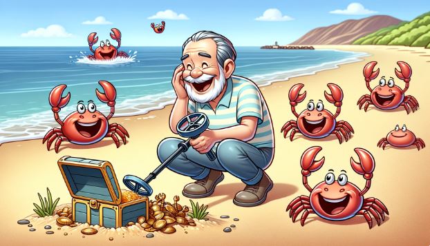 Funny joke of grandpa on a beach with a coin detector