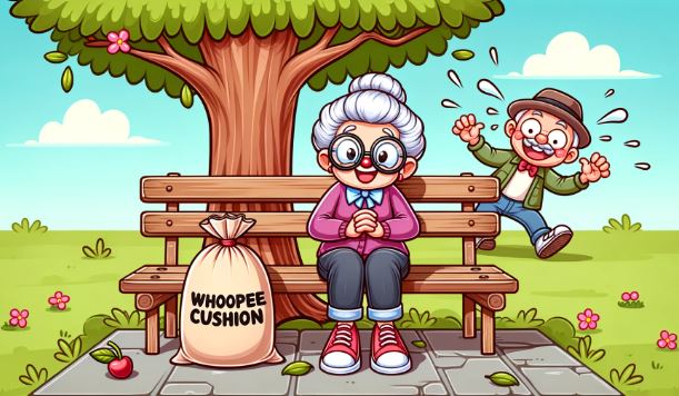 Comic of senior sitting on a bench with a whoopee cushion