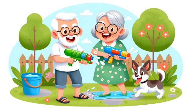 comic of seniors playing with skirt guns