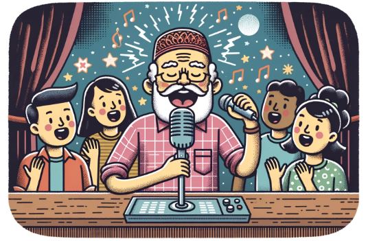 Comic Illustration of a senior singing into a microphone