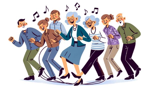 Comic Illustration of seniors dancing