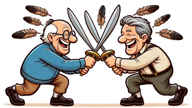 Funny comic of seniors fighting with feathers 